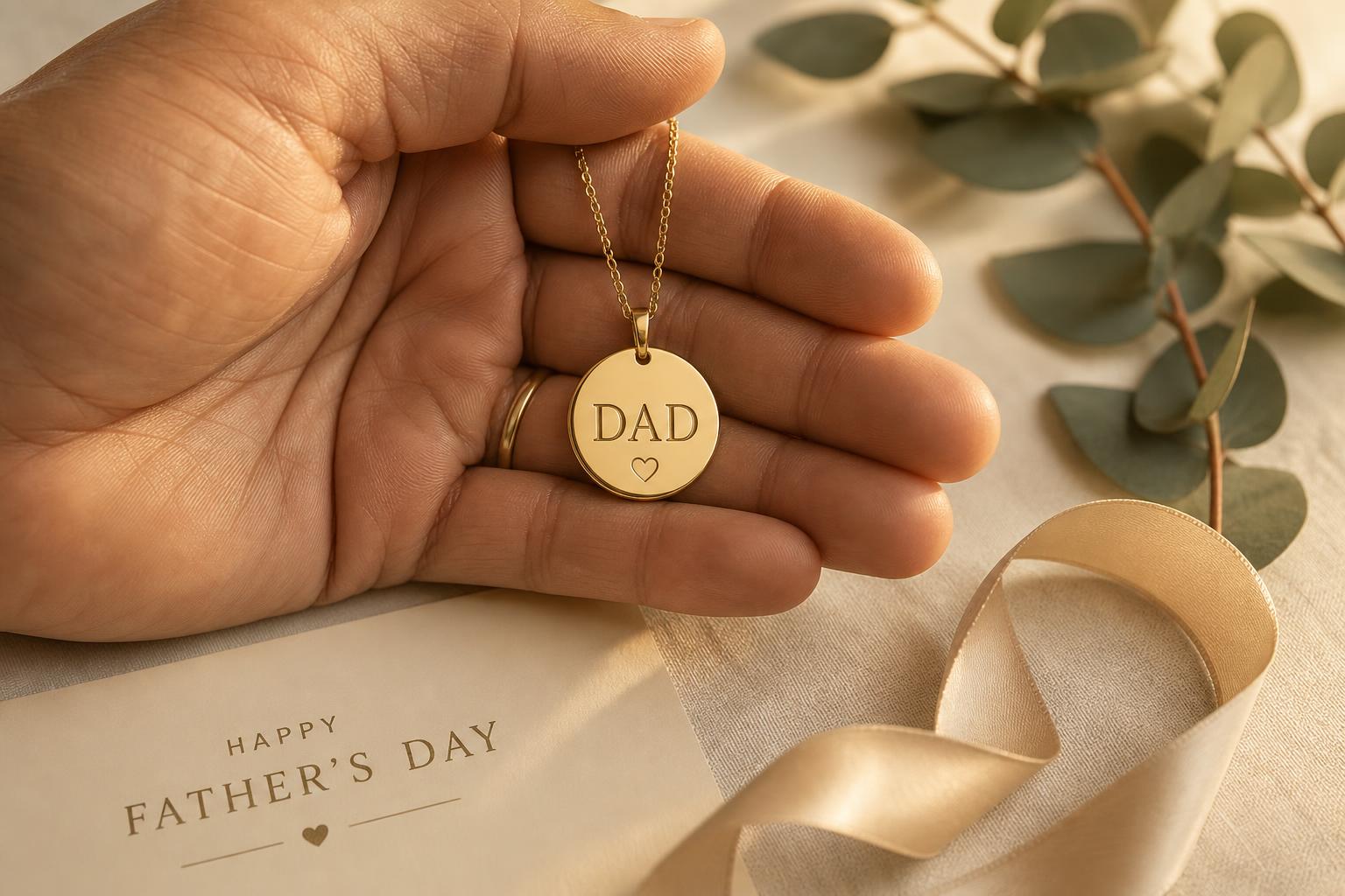 A father's hand holding a personalized engraved gold pendant with eucalyptus and silk ribbon